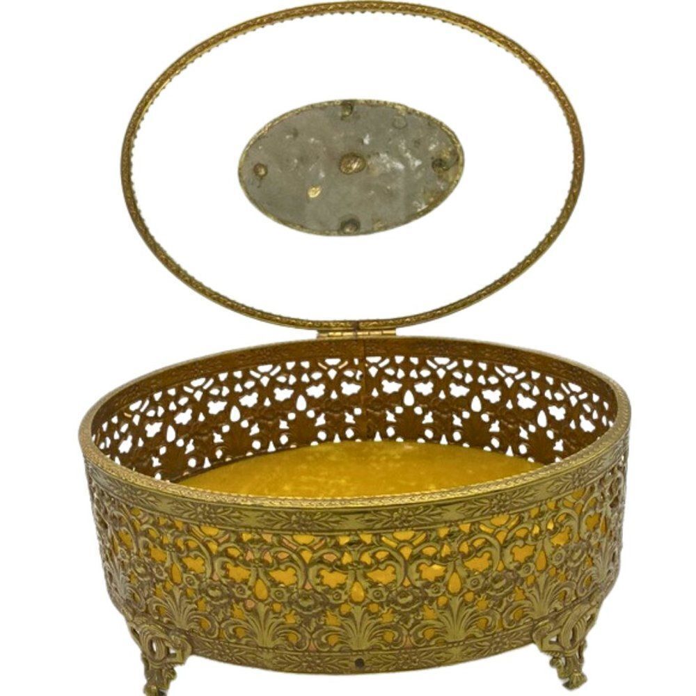 1950s Vintage MCM Hollywood Regency Ormolu Filigree Gold Metal Jewelry Dresser B
